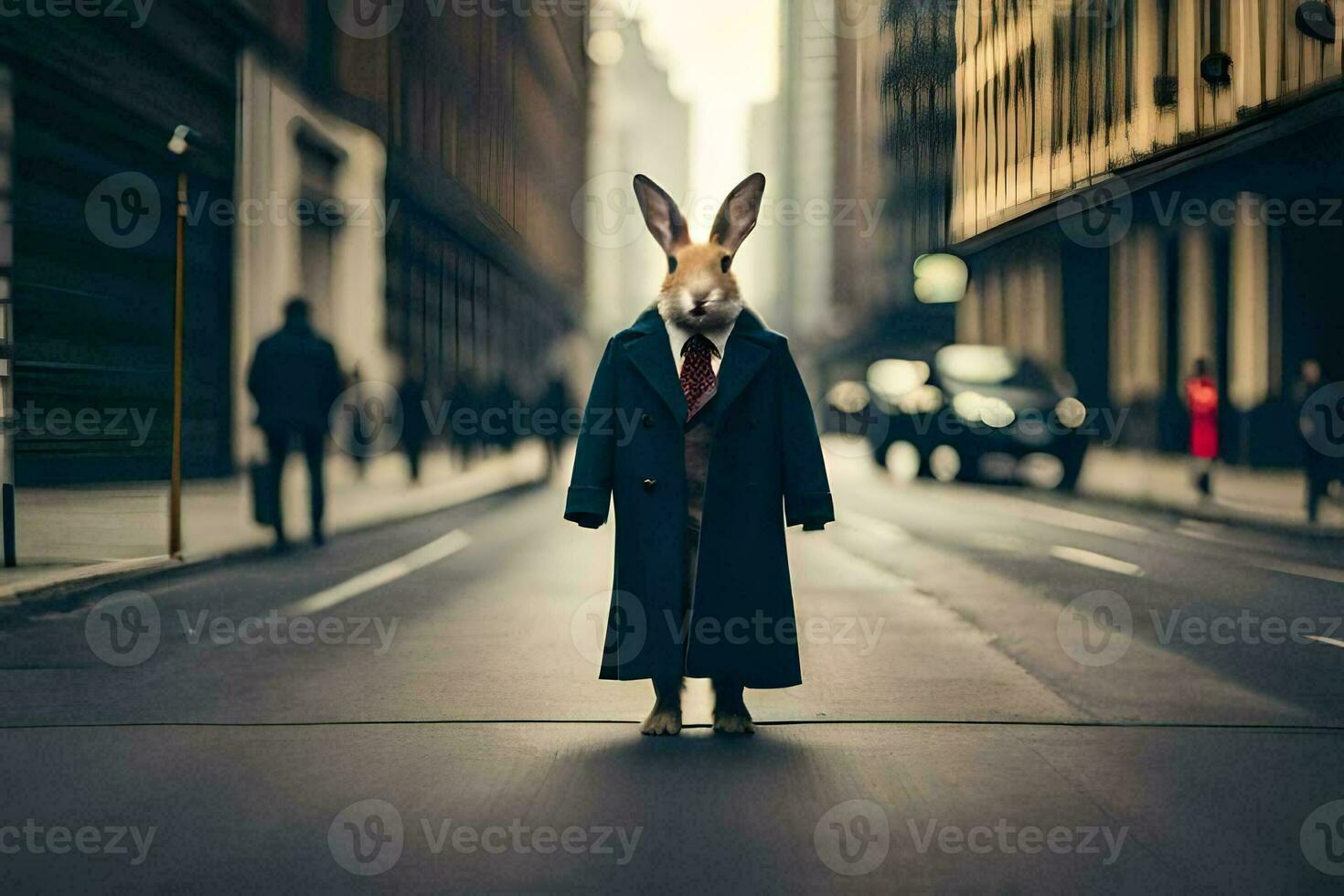 a rabbit dressed in a suit and tie standing in the middle of a city street. AI-Generated photo