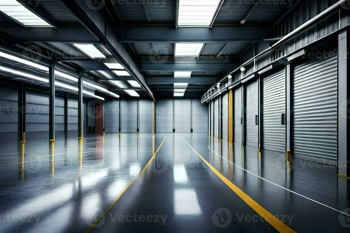 a large warehouse with a long hallway and a lot of storage space. AI-Generated photo