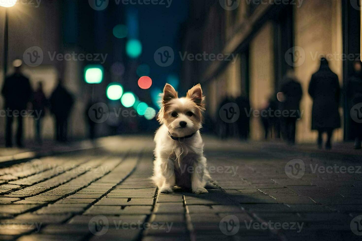 a small dog sitting on the street at night. AI-Generated photo
