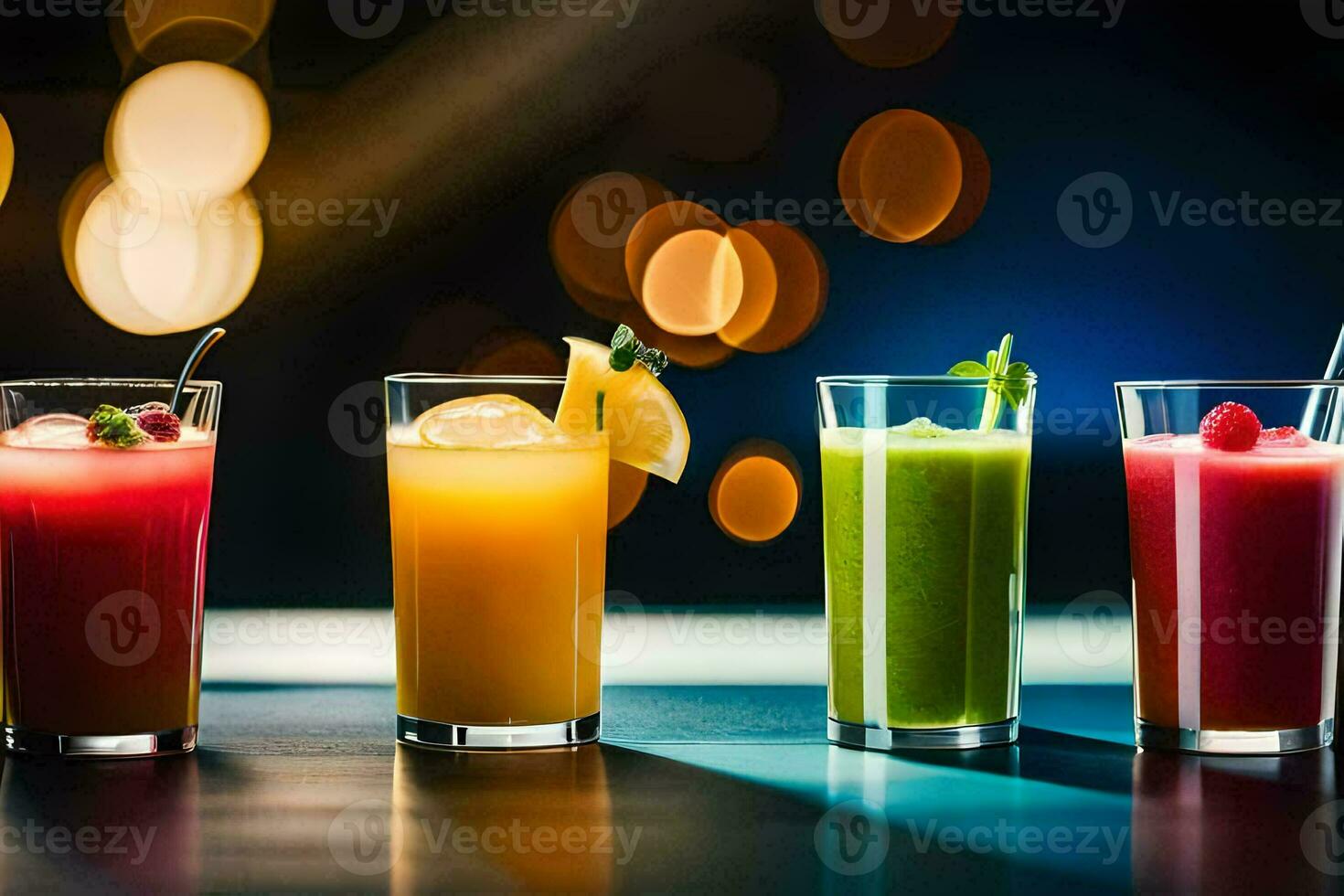 five different colored drinks in glasses on a table. AI-Generated photo