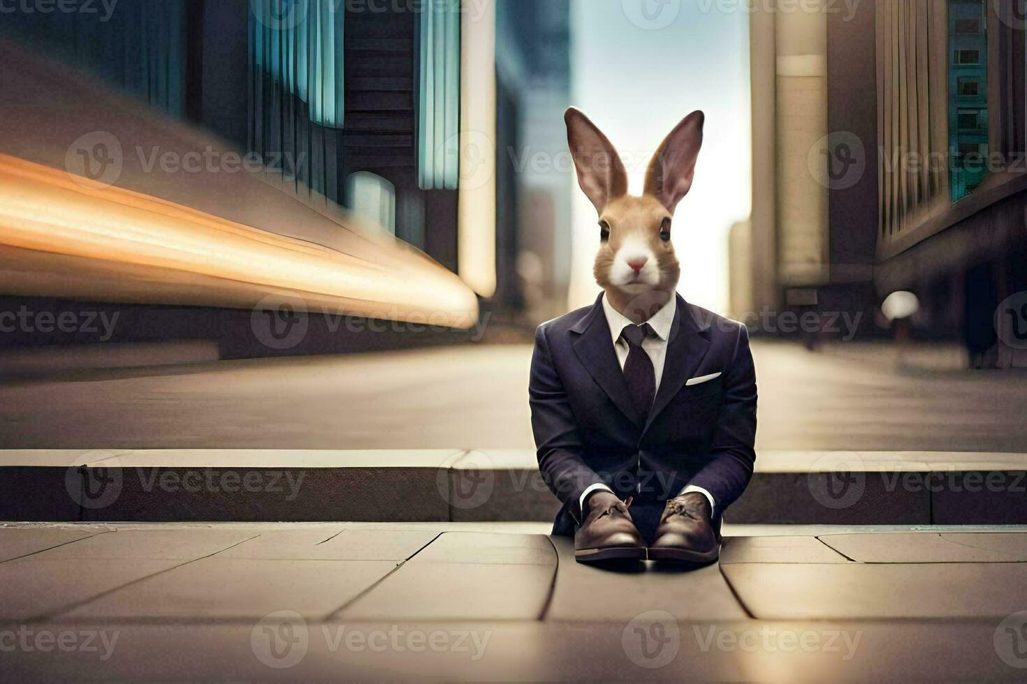a rabbit in a suit and tie sitting on the ground. AI-Generated photo