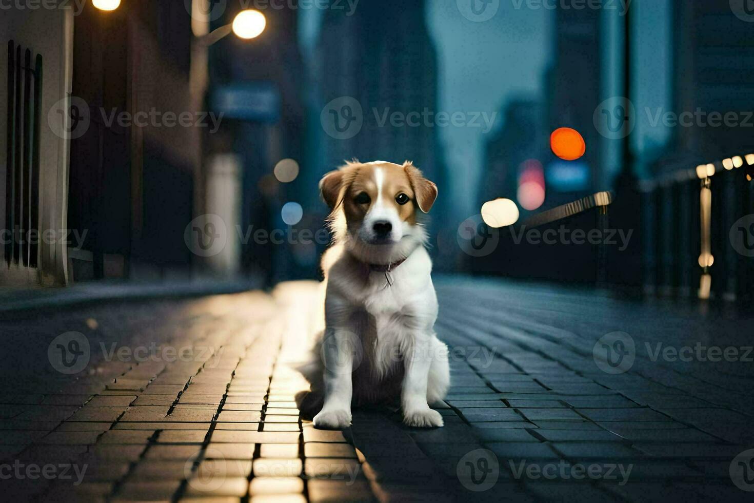 a dog sitting on the street at night. AI-Generated photo