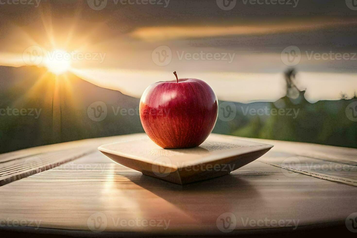 an apple sits on top of a wooden table in front of a sunset. AI-Generated photo