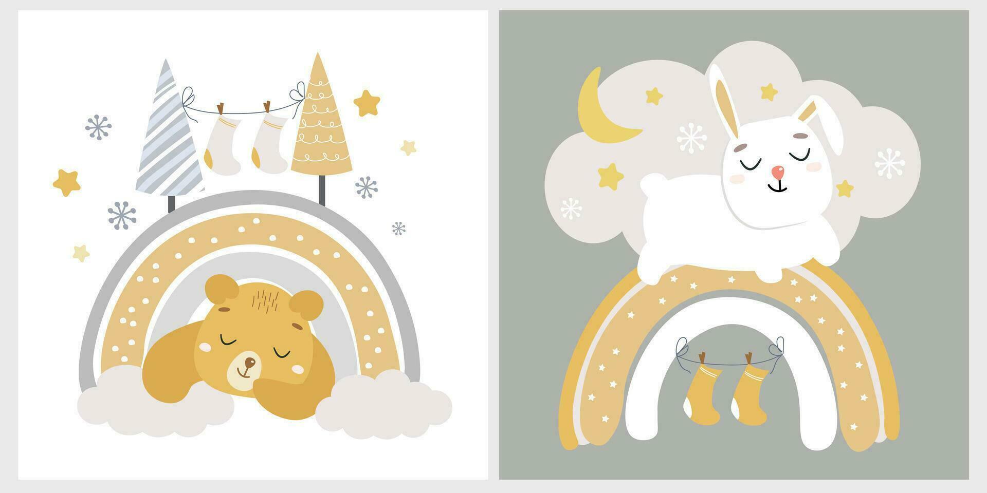 Baby funny cute animal print. A bear sleeps in a winter den made of a rainbow. The rabbit dreams of holiday gifts under a starry sky with snowflakes. Vector graphics.