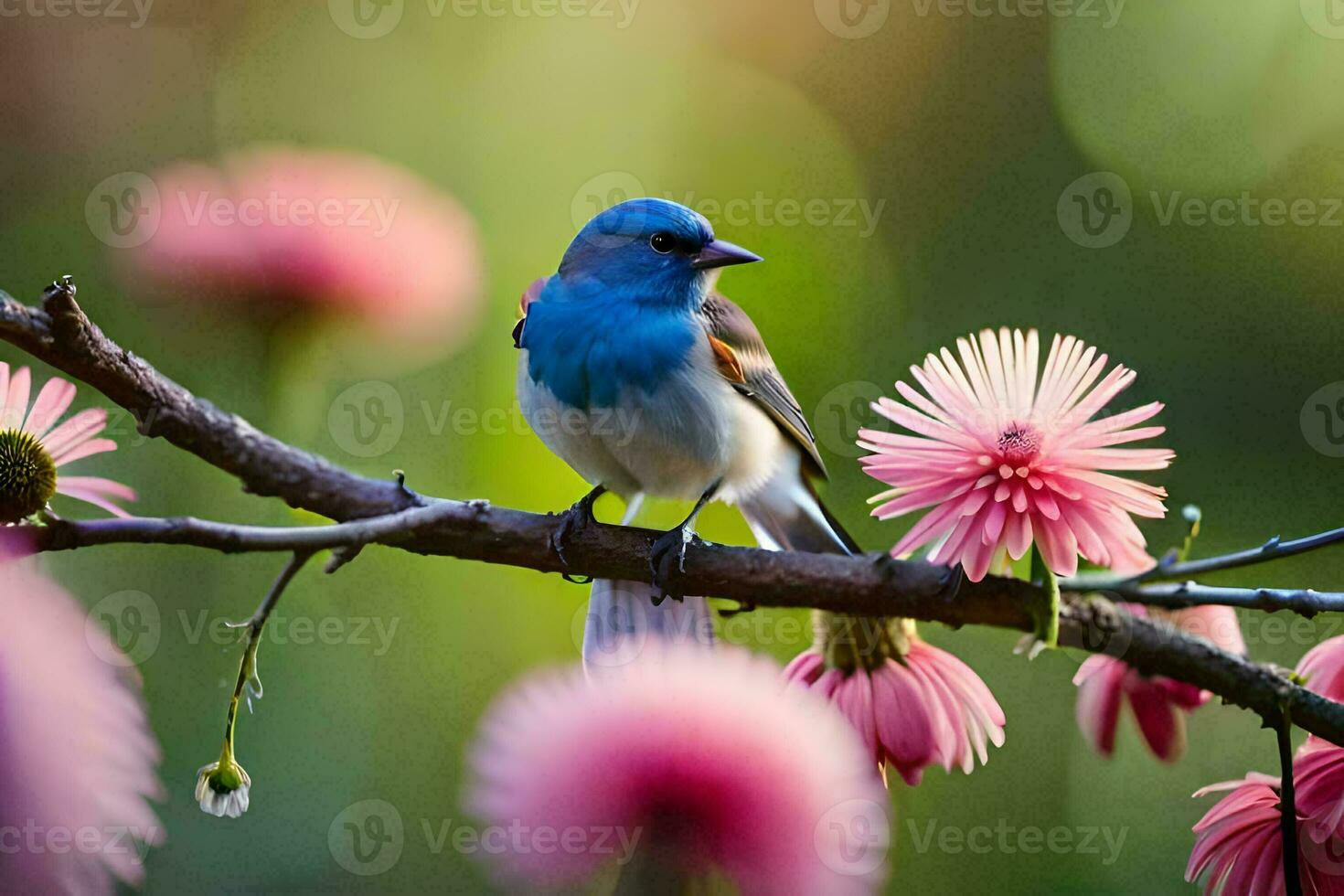 a blue bird sits on a branch with pink flowers. AI-Generated photo