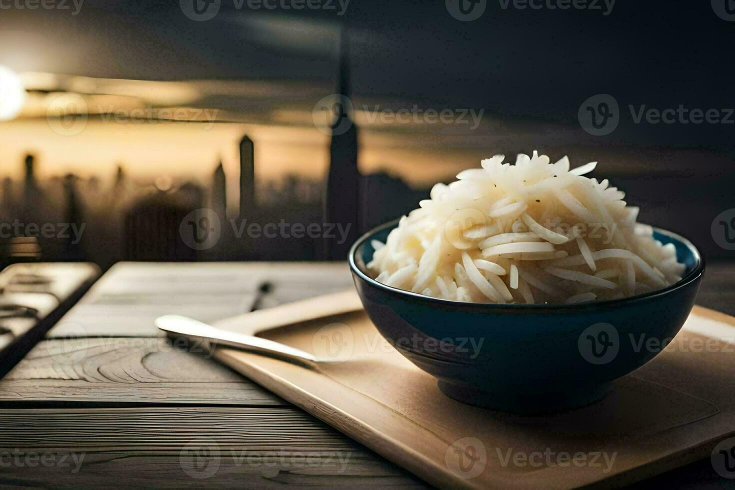 a bowl of rice with a cityscape in the background. AI-Generated photo