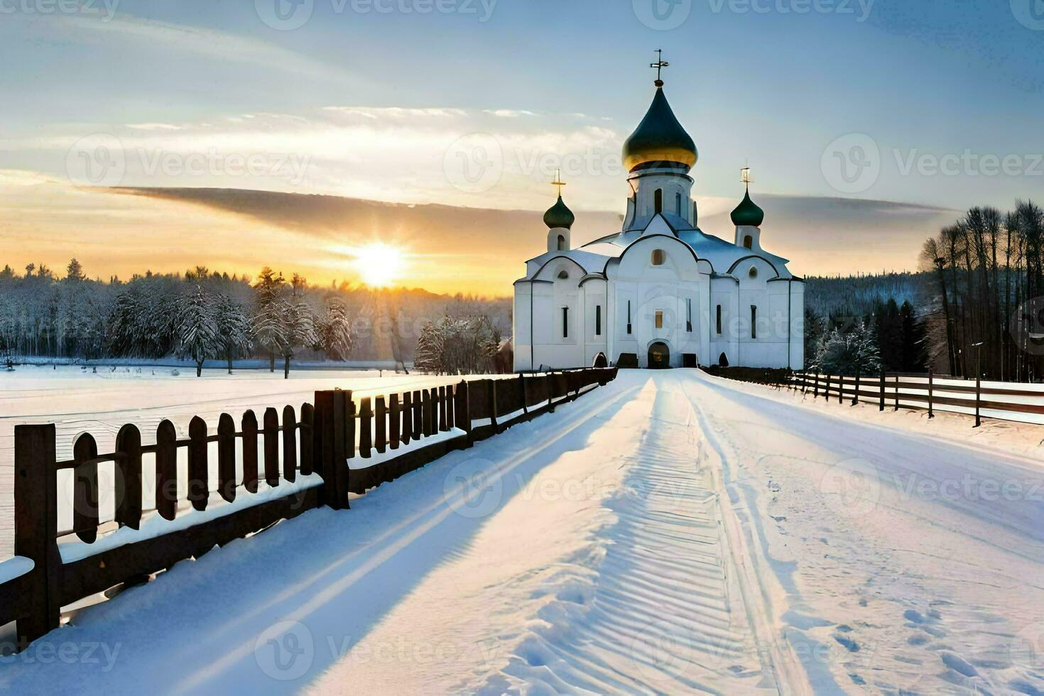 a church in the snow with the sun setting behind it. AI-Generated photo