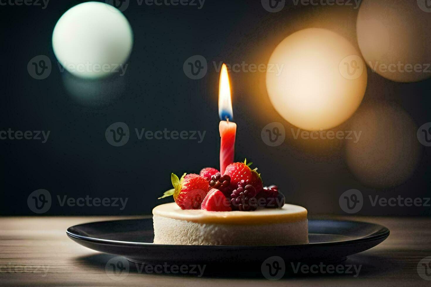 a small cake with a single candle on top. AI-Generated photo