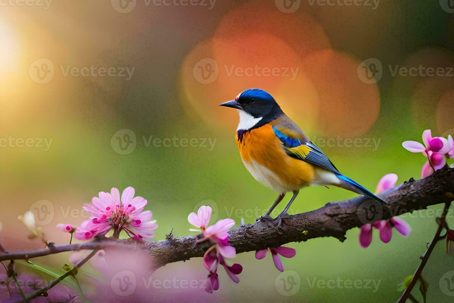 a colorful bird sits on a branch with pink flowers. AI-Generated photo