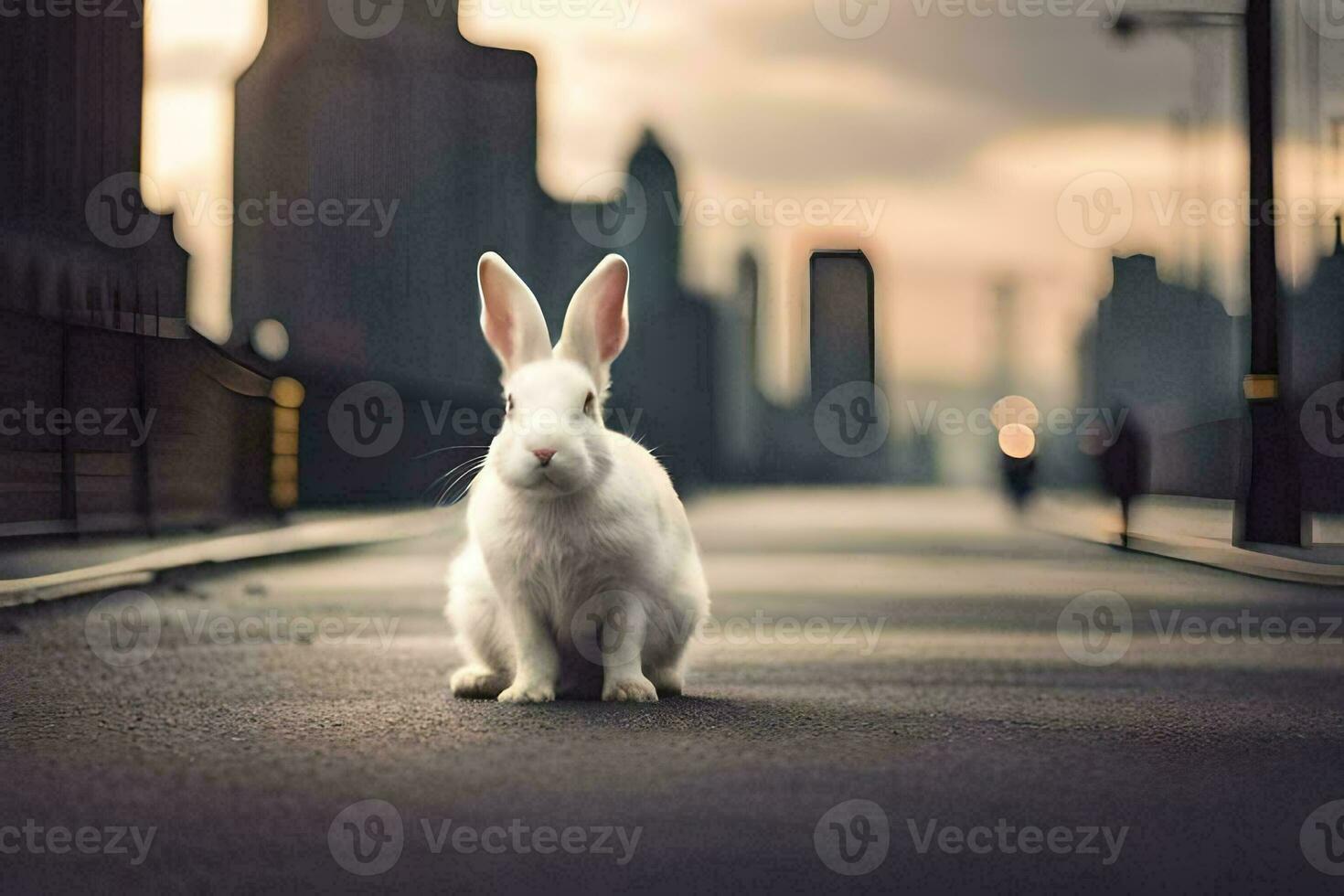 blanco Conejo sentado en el la carretera en frente de ciudad. generado por ai foto