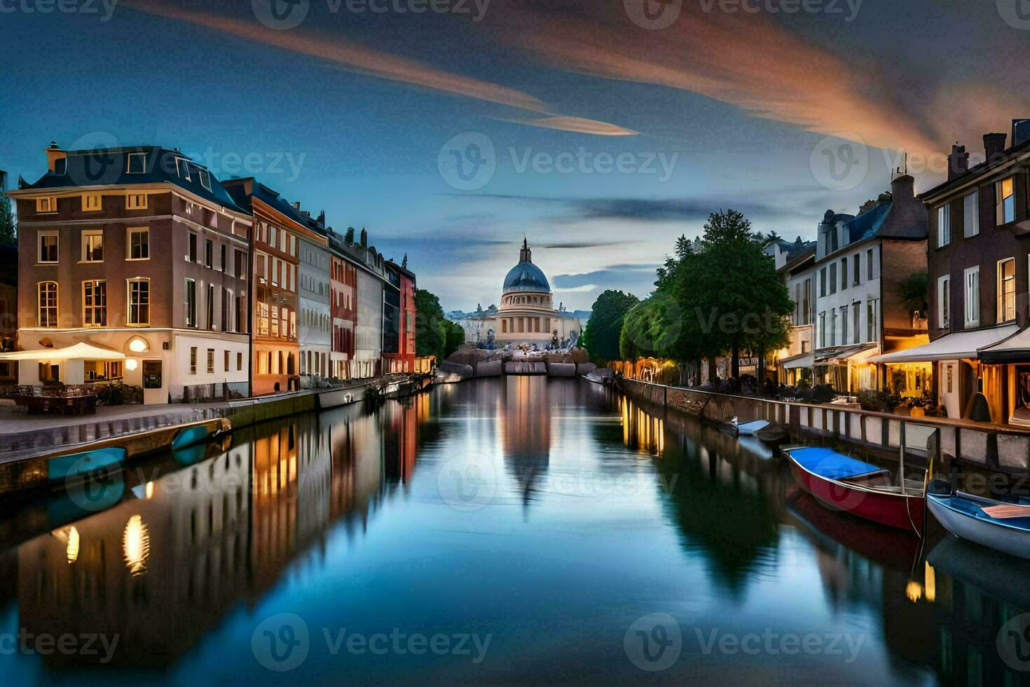 a canal in the middle of a city at dusk. AI-Generated photo