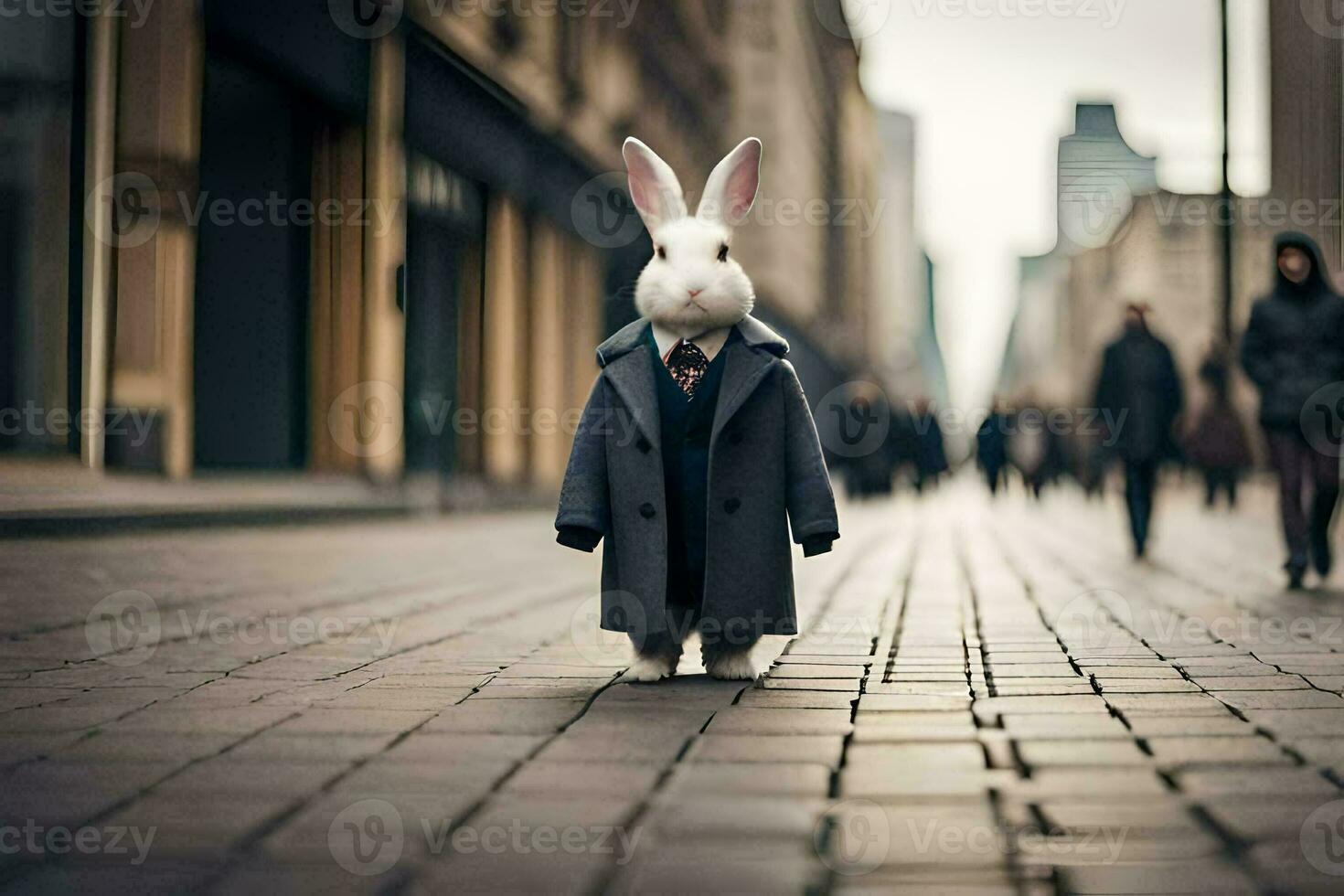 a white rabbit wearing a suit and tie standing on a brick street. AI-Generated photo