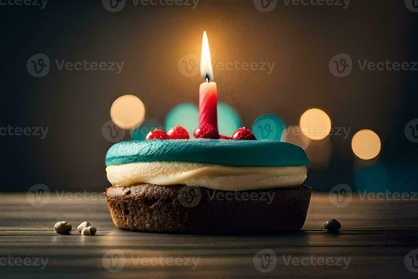 a birthday cake with a single candle. AI-Generated photo