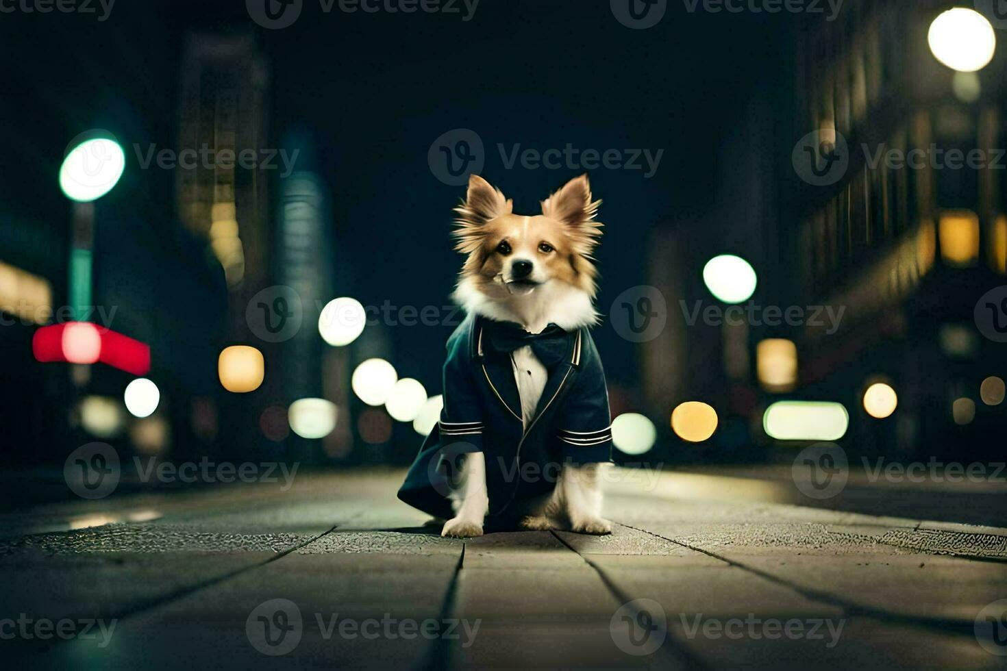 un perro en un traje y Corbata sentado en el calle a noche. generado por ai foto