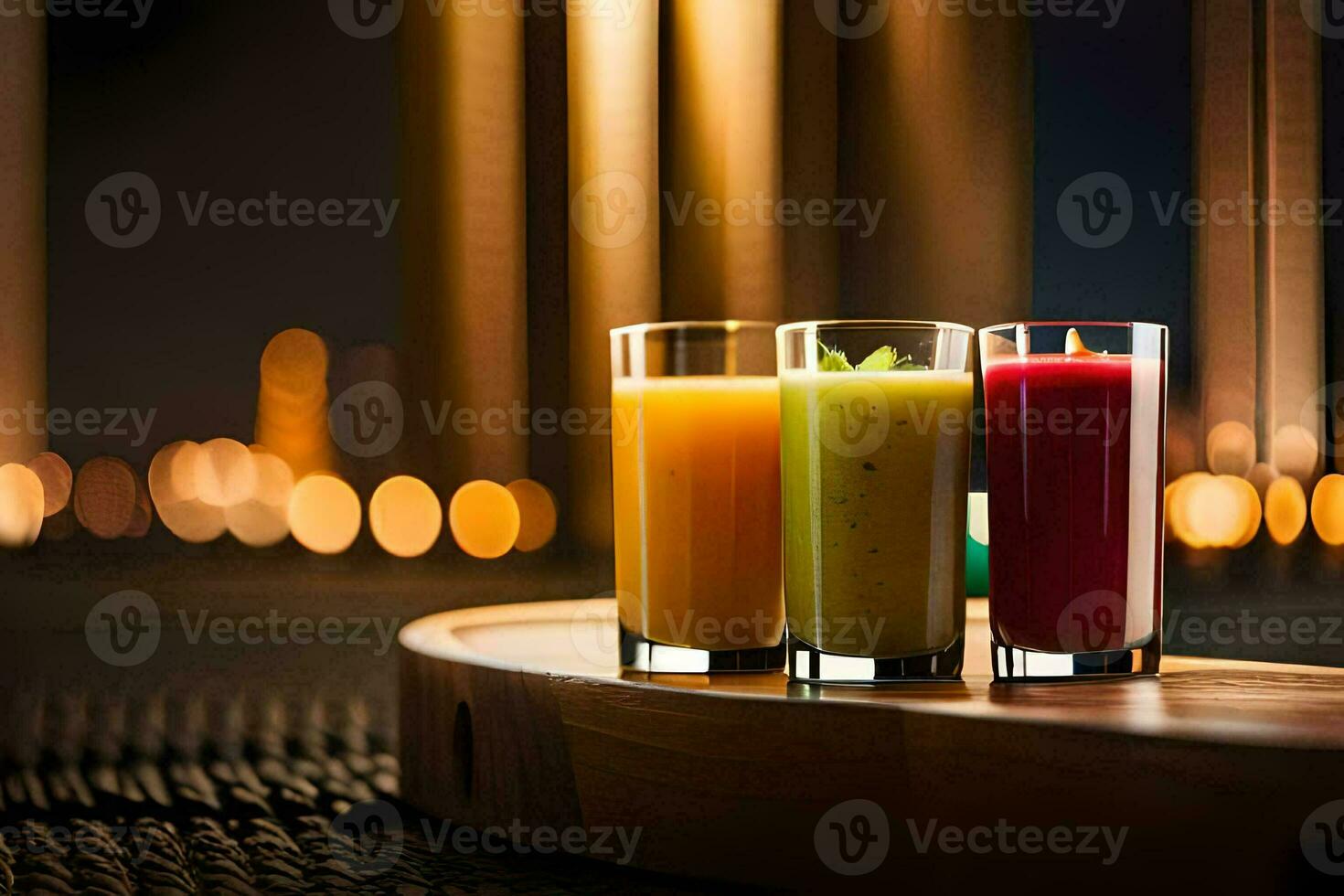 three glasses of juice on a wooden tray. AI-Generated photo