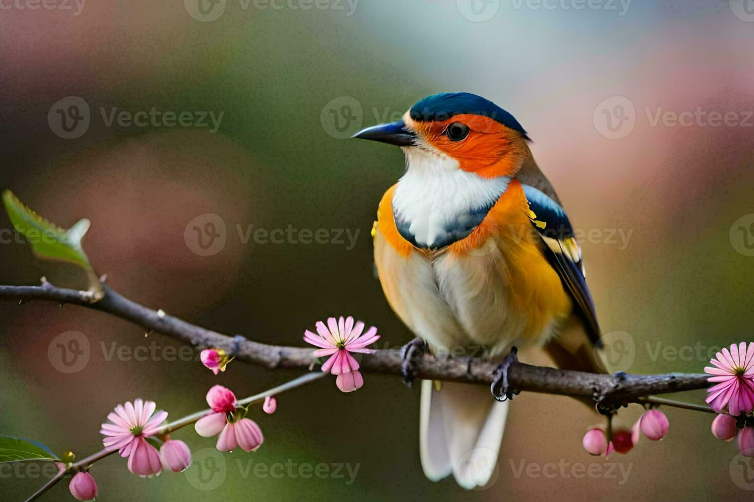 a colorful bird sits on a branch with pink flowers. AI-Generated photo