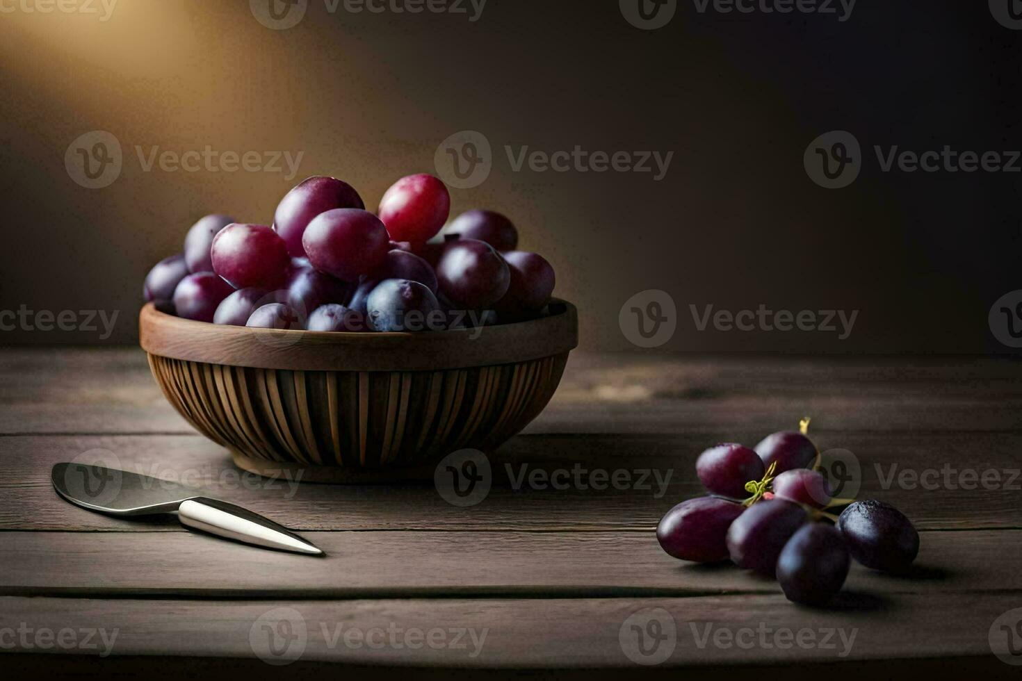grapes in a bowl on a wooden table. AI-Generated photo