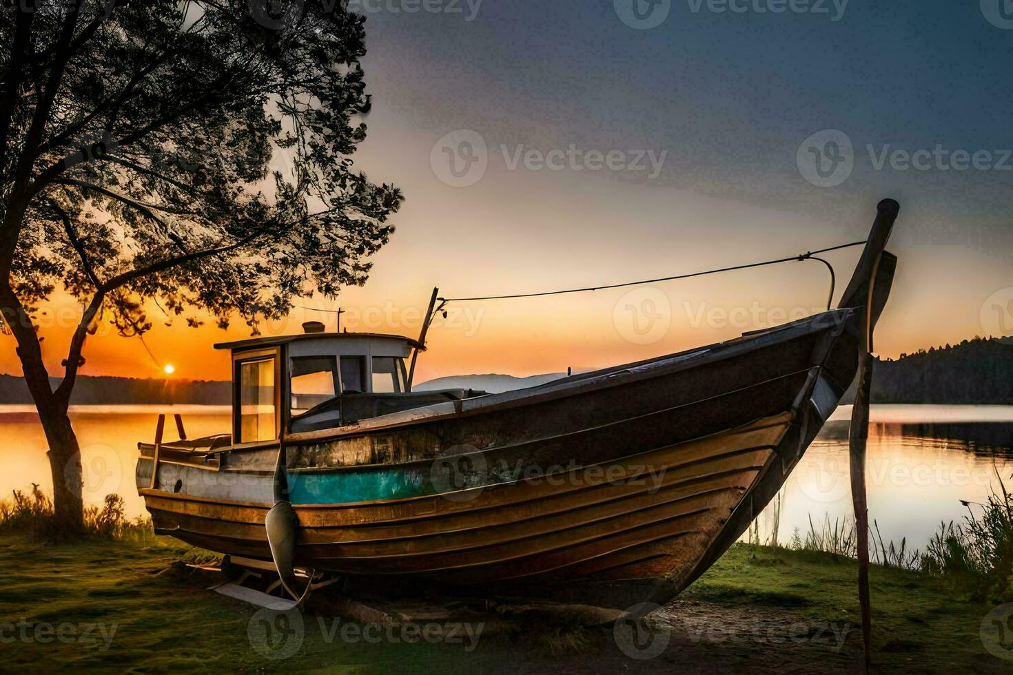 a boat sits on the shore at sunset. AI-Generated photo