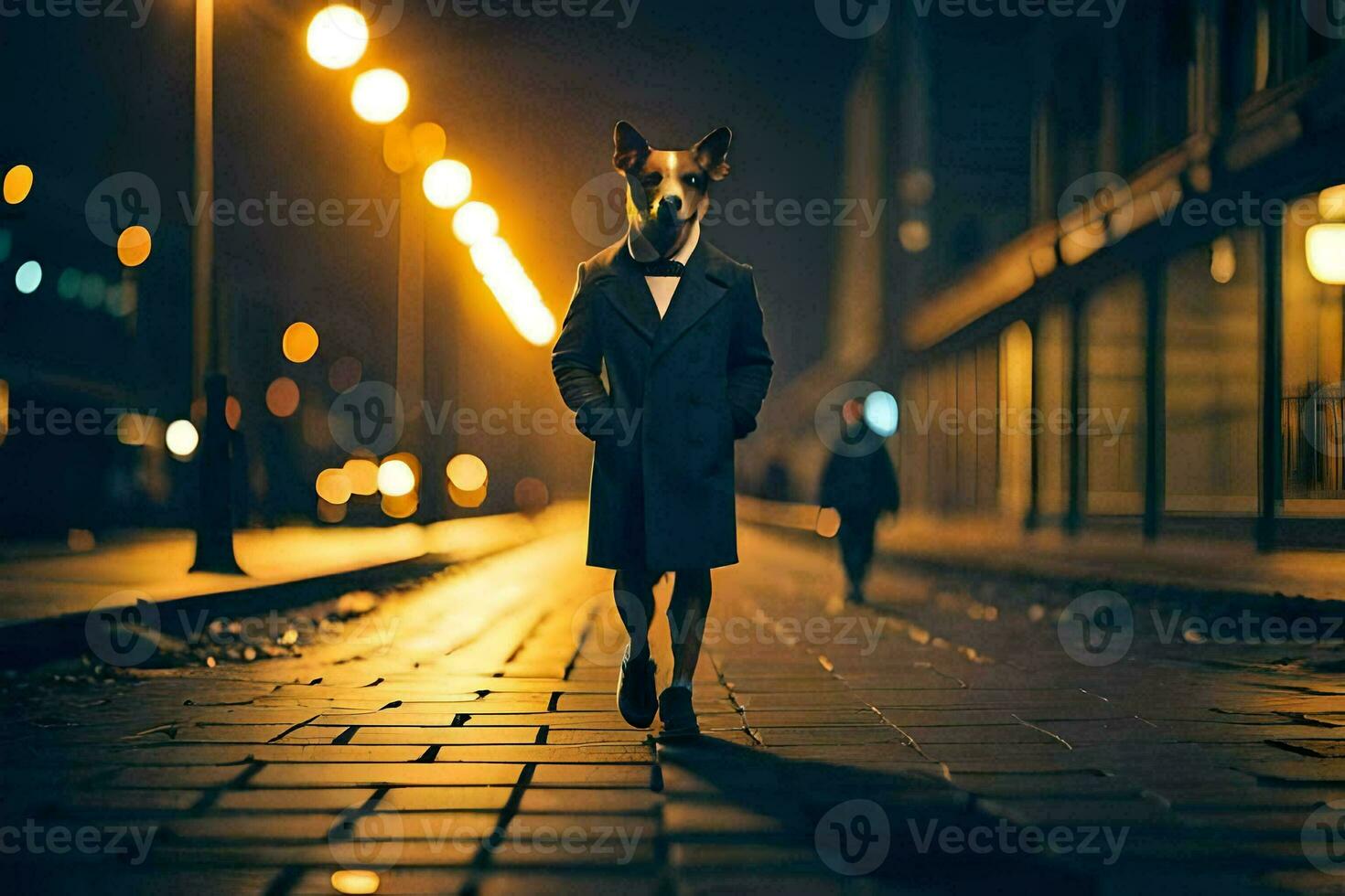 a dog in a suit walking down a street at night. AI-Generated photo