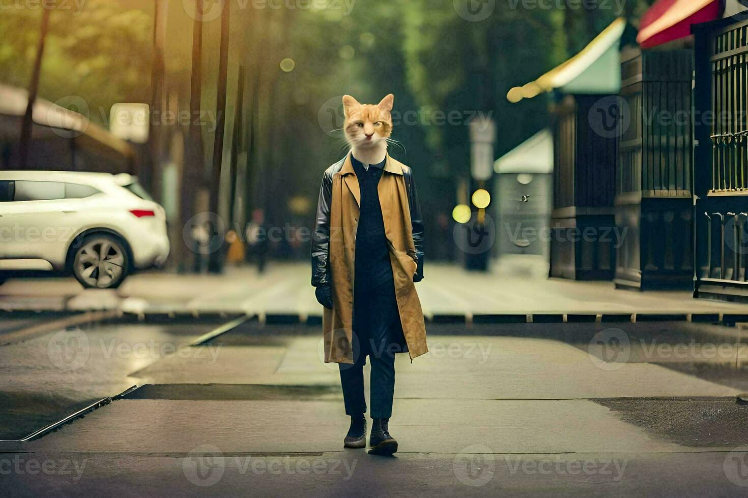 a fox wearing a coat and walking down a street. AI-Generated photo