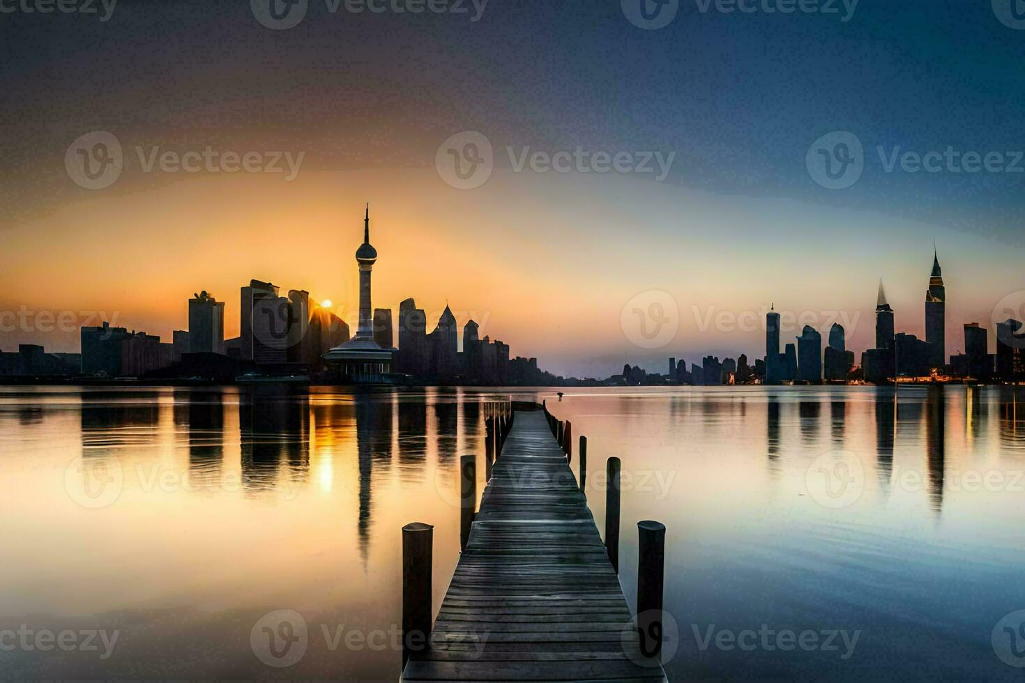 the city skyline at sunset in shanghai. AI-Generated photo