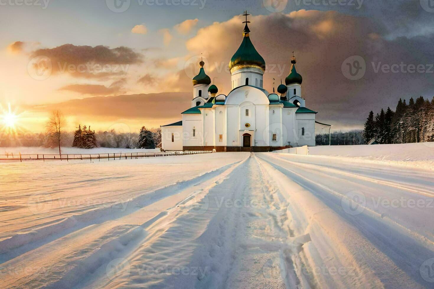 a church in the snow with a sun setting behind it. AI-Generated photo