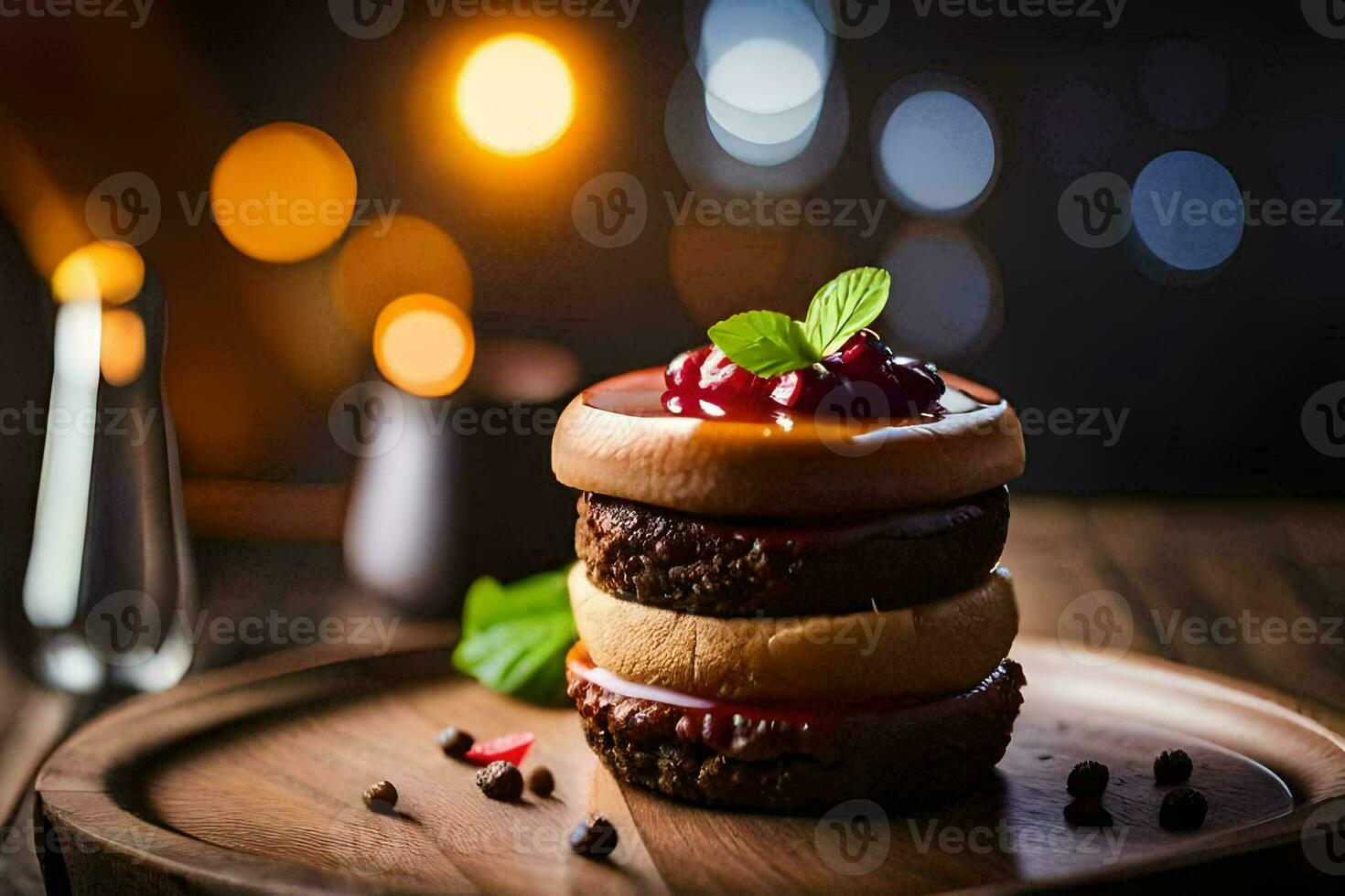 a stack of three cakes on a wooden plate. AI-Generated photo