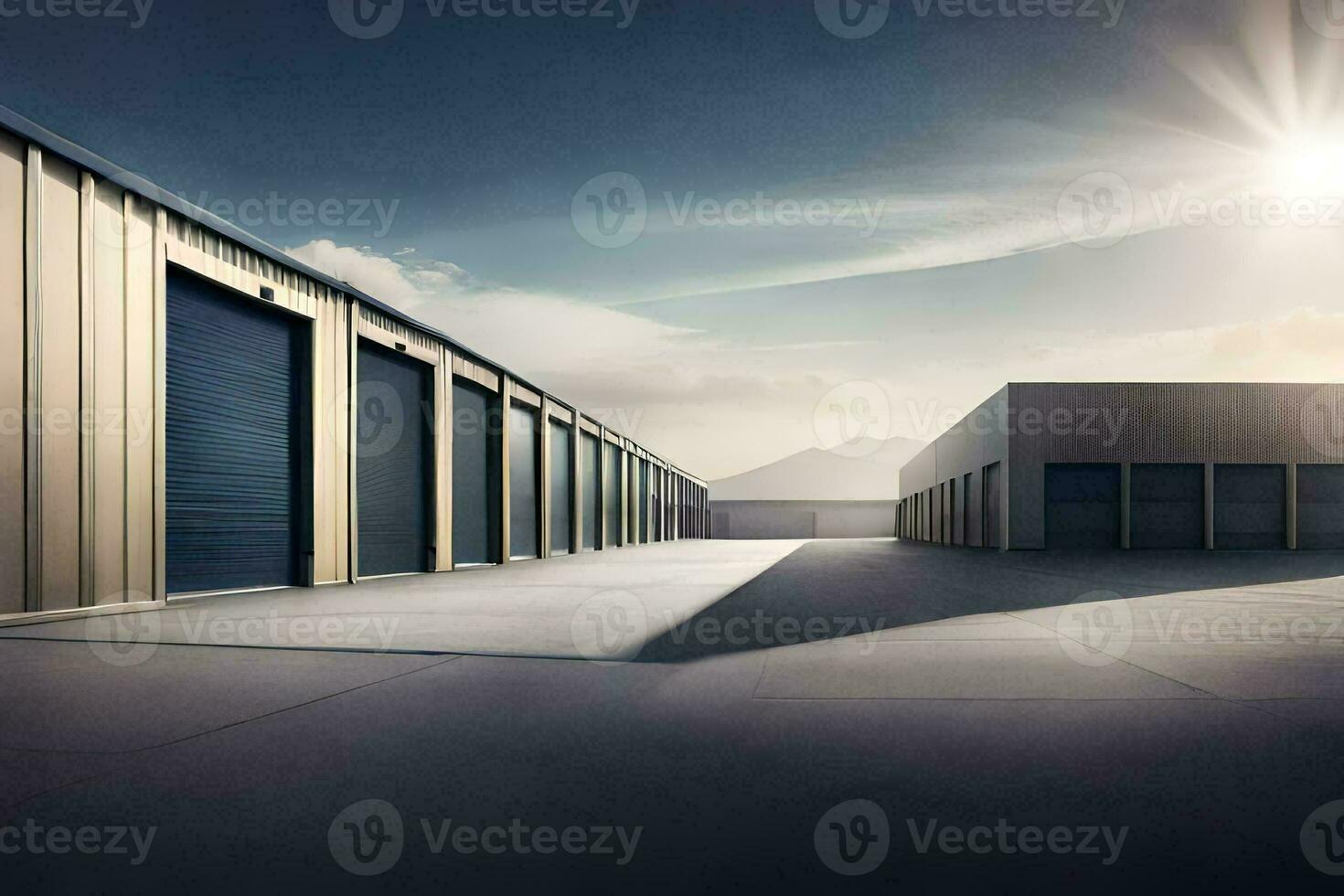 a large storage facility with two large garage doors. AI-Generated photo