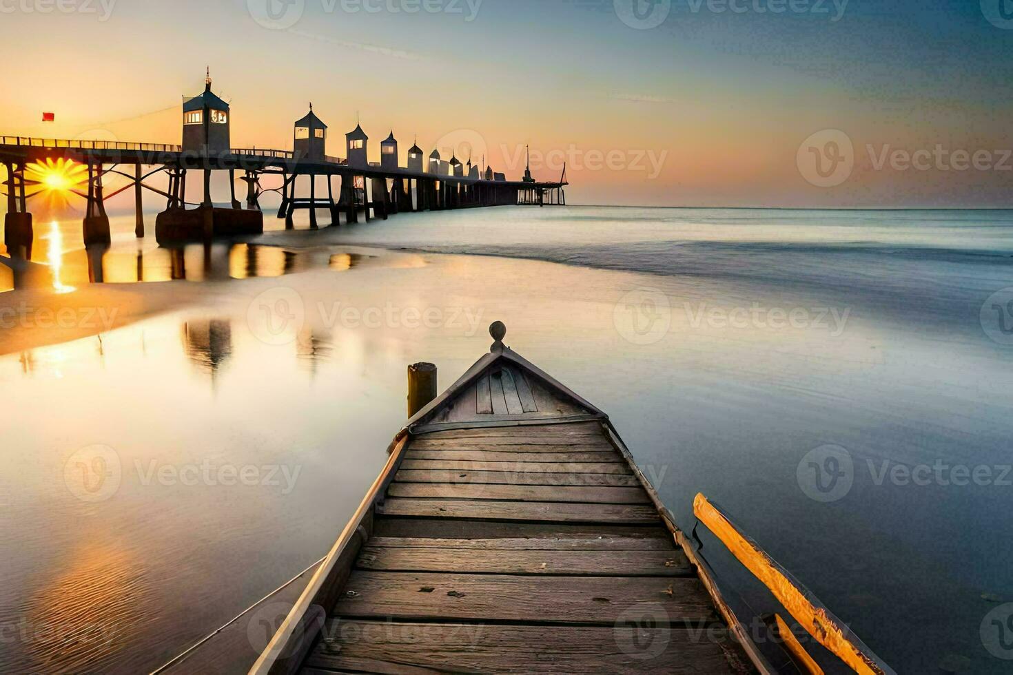 a wooden pier at the beach with a sunset. AI-Generated photo