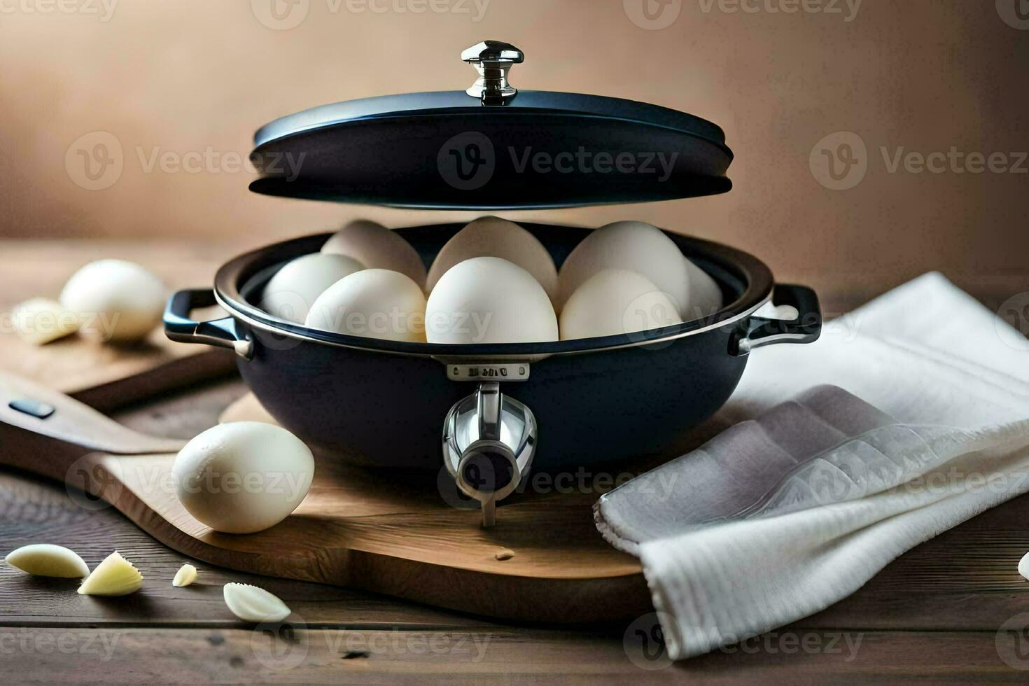 a pan filled with eggs on a wooden cutting board. AI-Generated photo