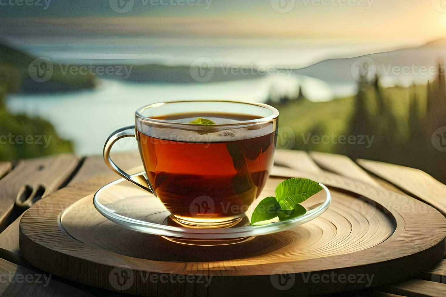 a cup of tea on a wooden table. AI-Generated photo