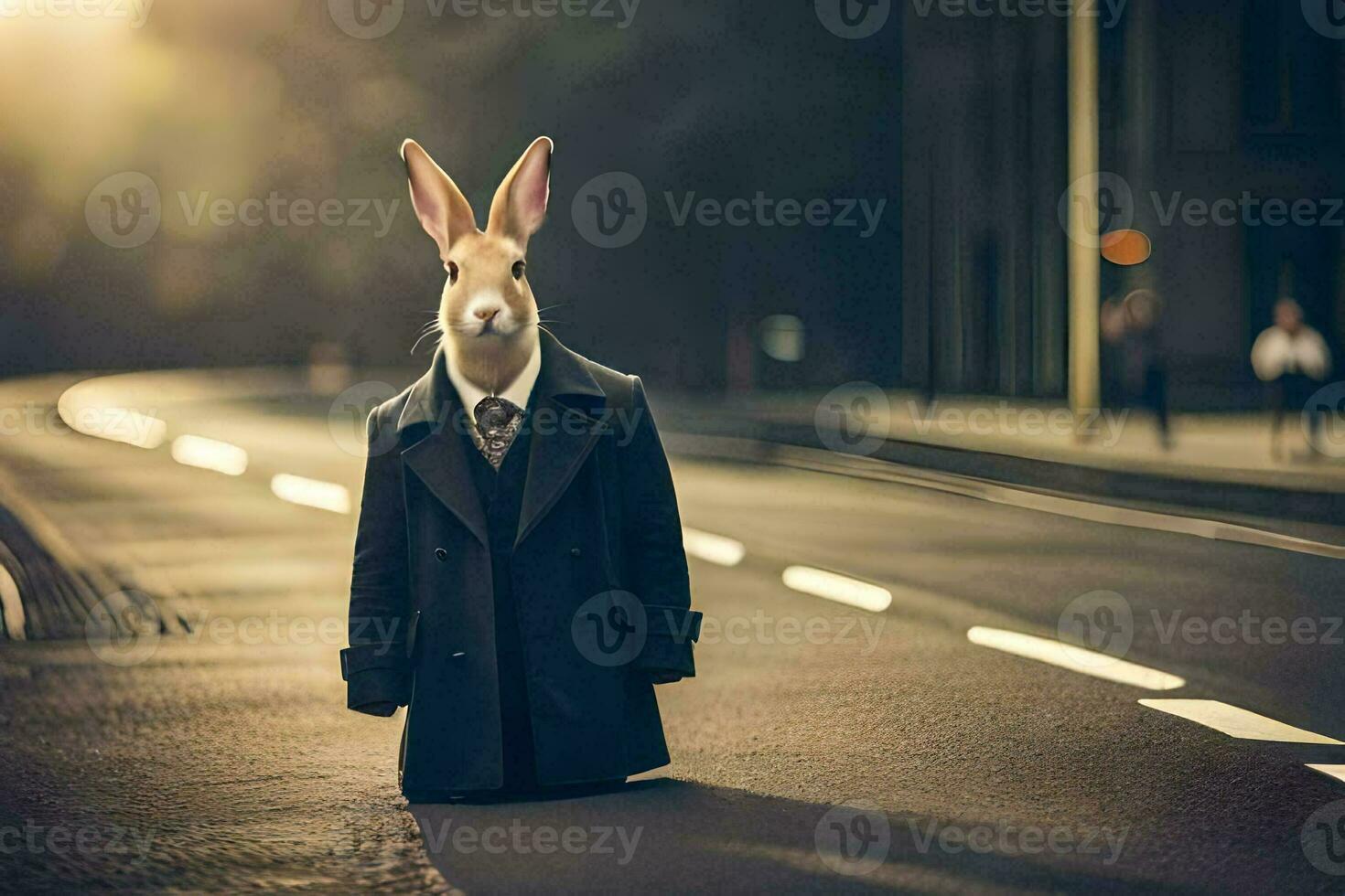 a rabbit dressed in a suit and tie standing on the street. AI-Generated photo