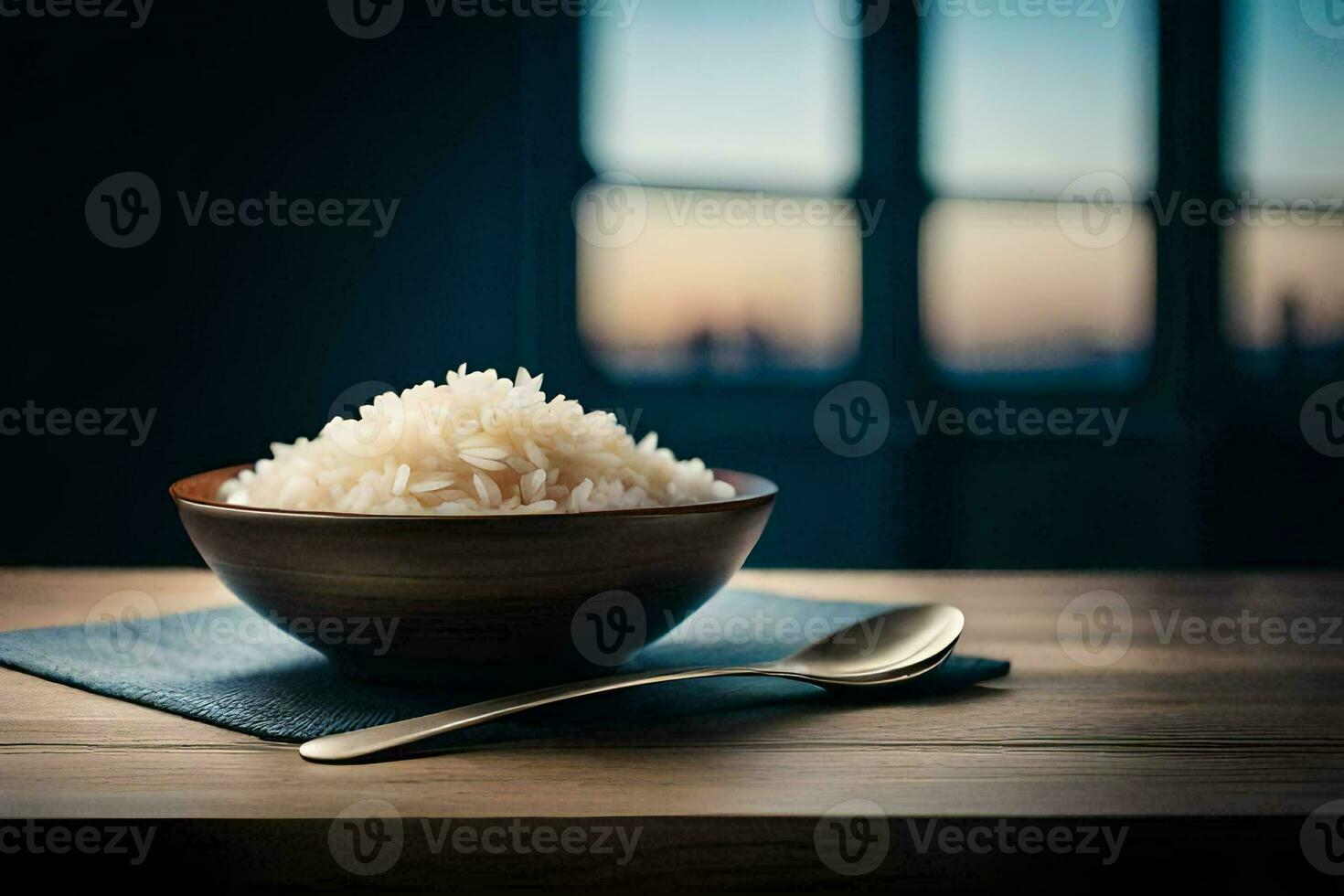 a bowl of rice on a wooden table. AI-Generated photo