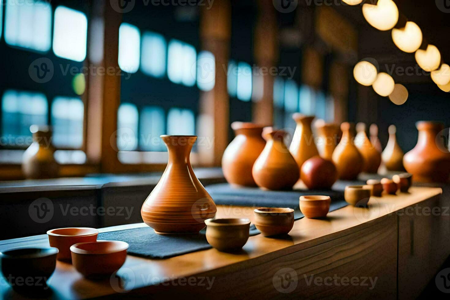 a row of vases and cups on a table. AI-Generated photo