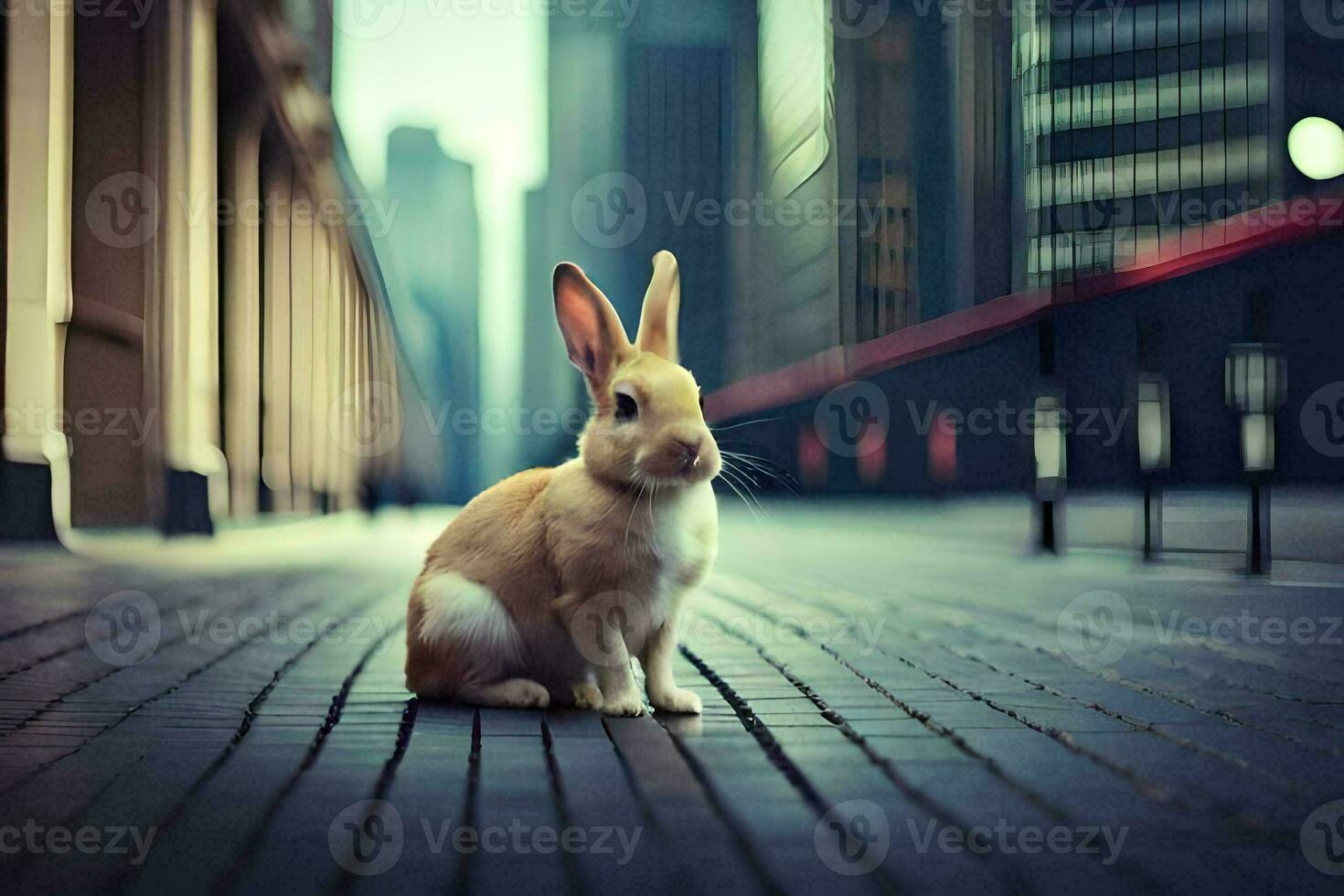 a rabbit sitting on the sidewalk in front of tall buildings. AI-Generated photo