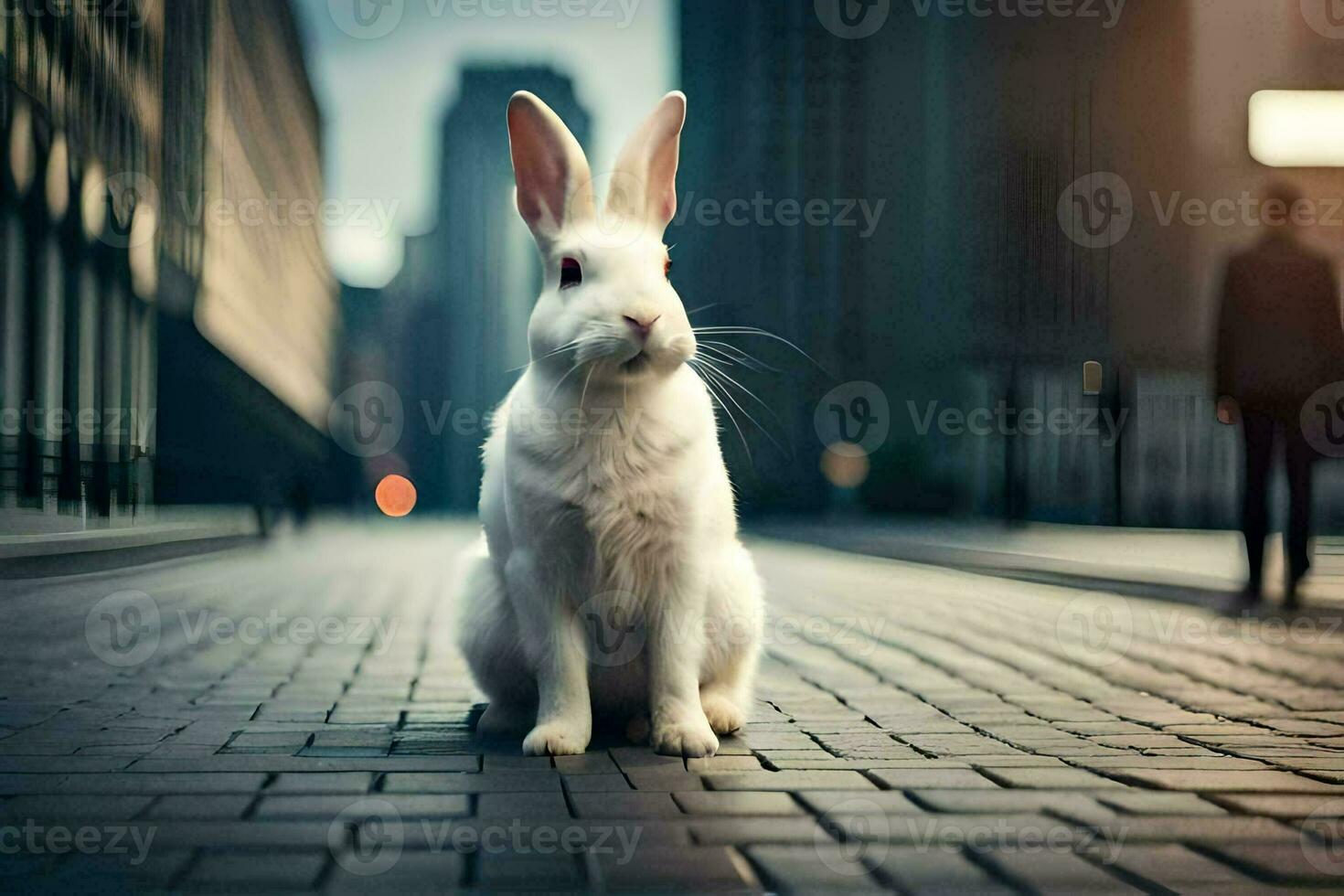 a white rabbit sitting on the ground in a city. AI-Generated photo