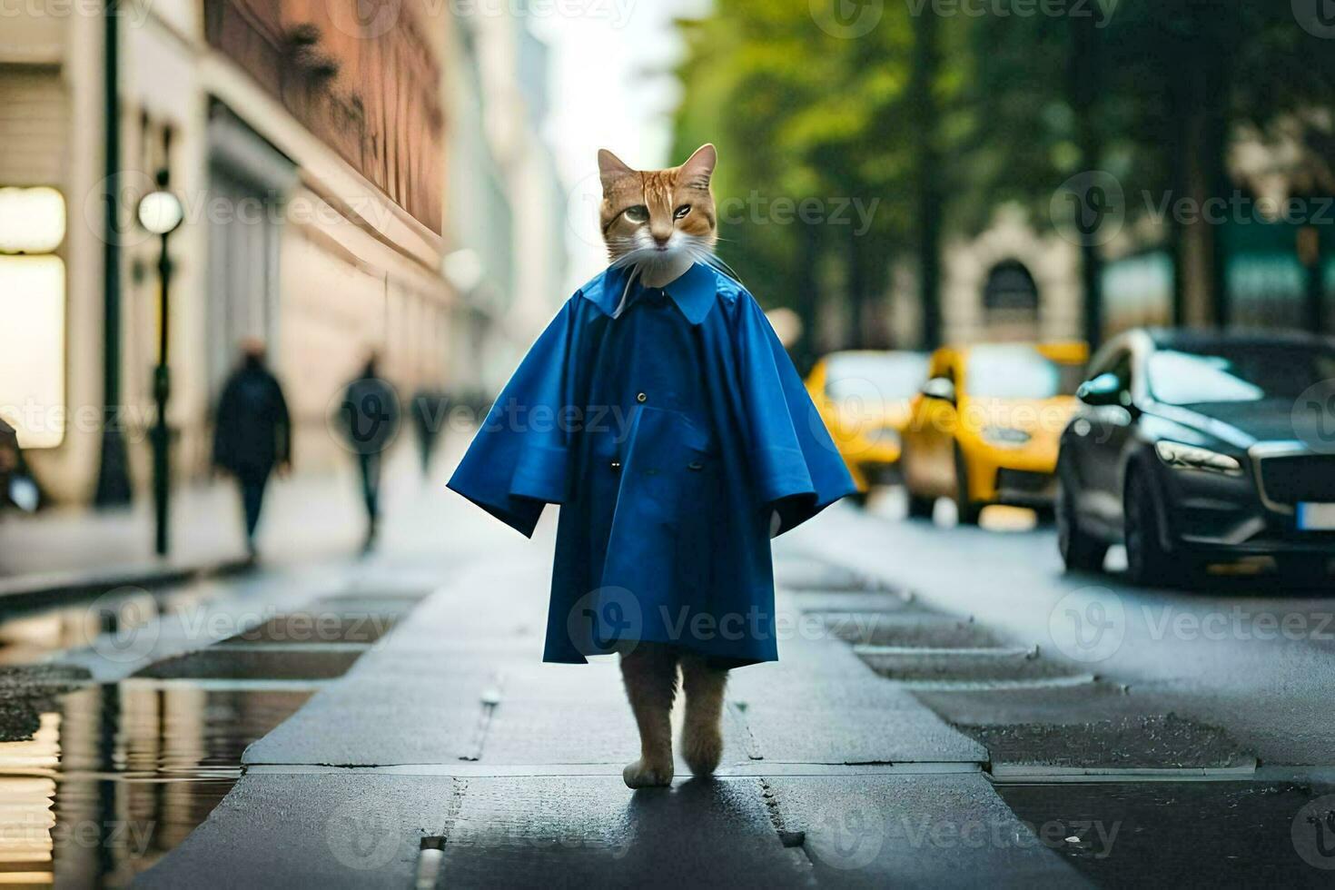 a cat wearing a blue coat and walking down a street. AI-Generated photo