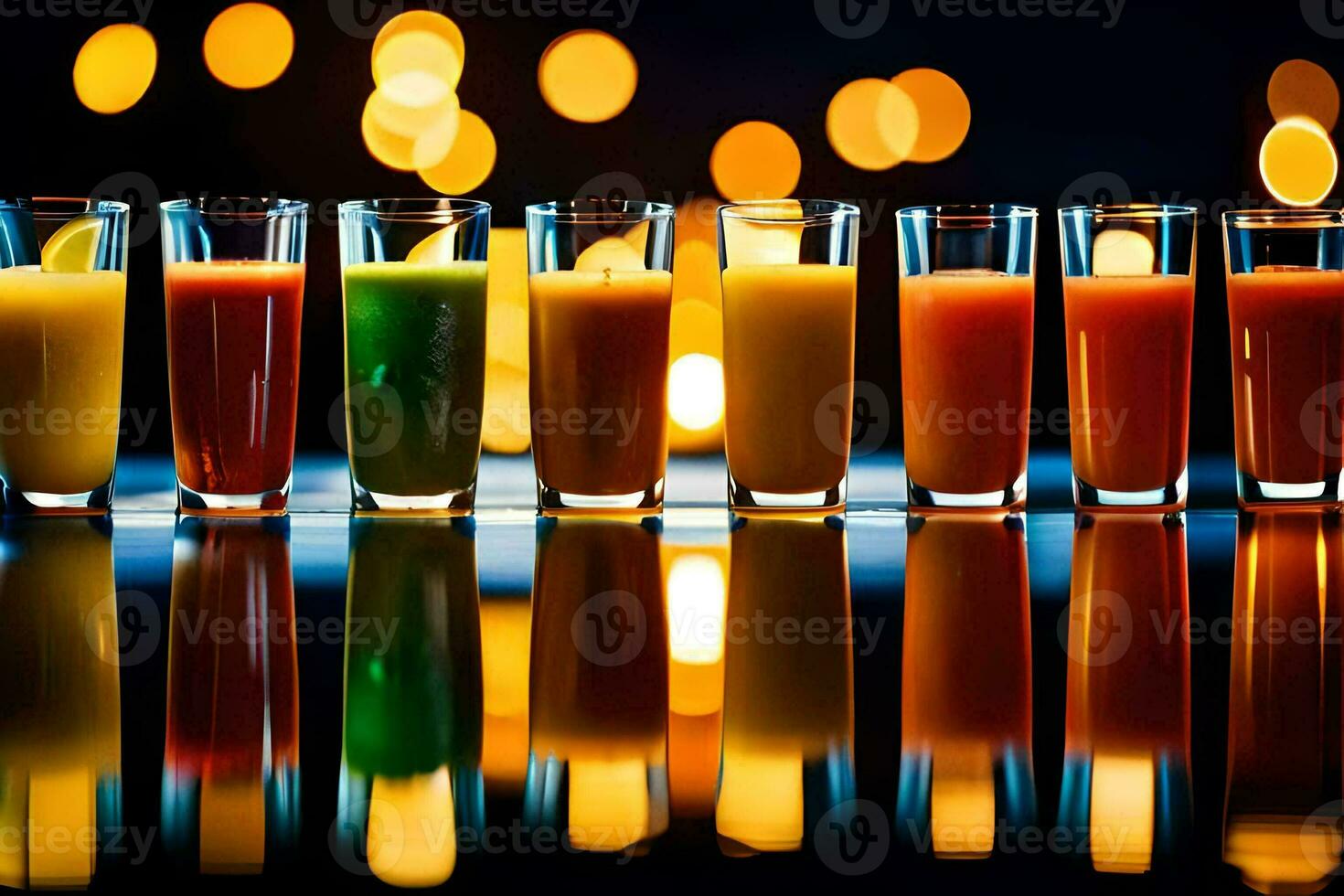 a row of glasses with different colored juices. AI-Generated photo