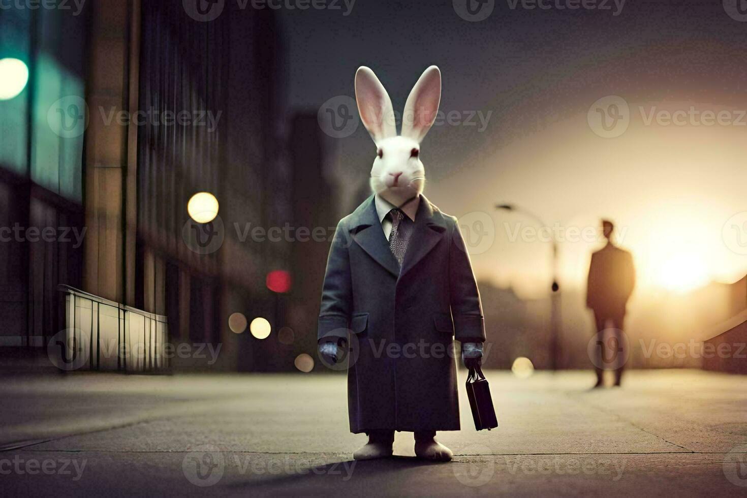 a rabbit in a suit and tie standing on a street. AI-Generated photo
