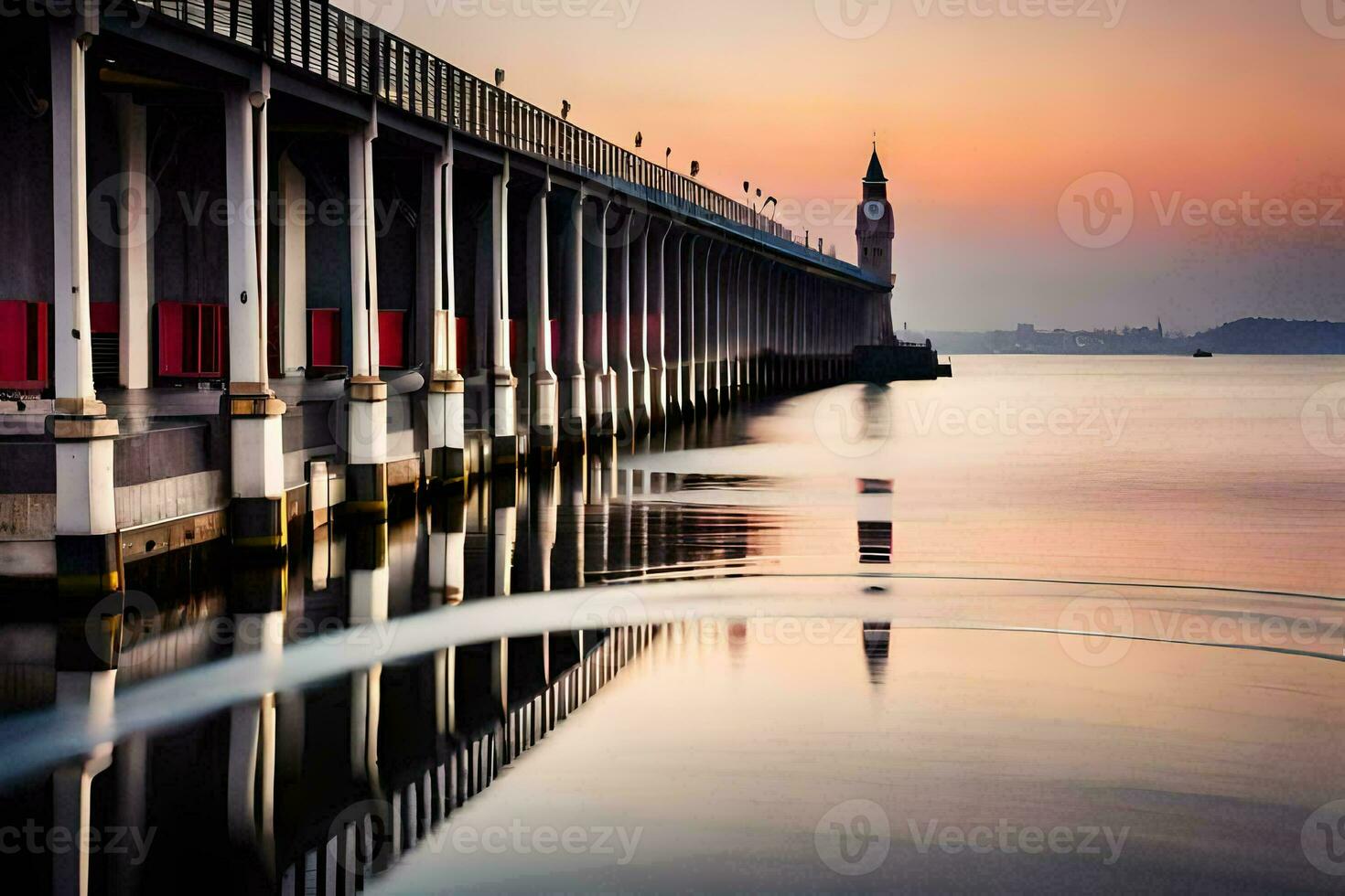 un muelle con un reloj torre en el agua. generado por ai foto