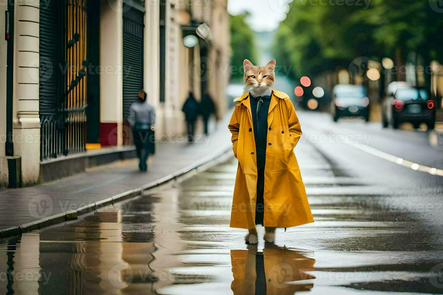 a fox wearing a yellow coat and walking down a street. AI-Generated photo