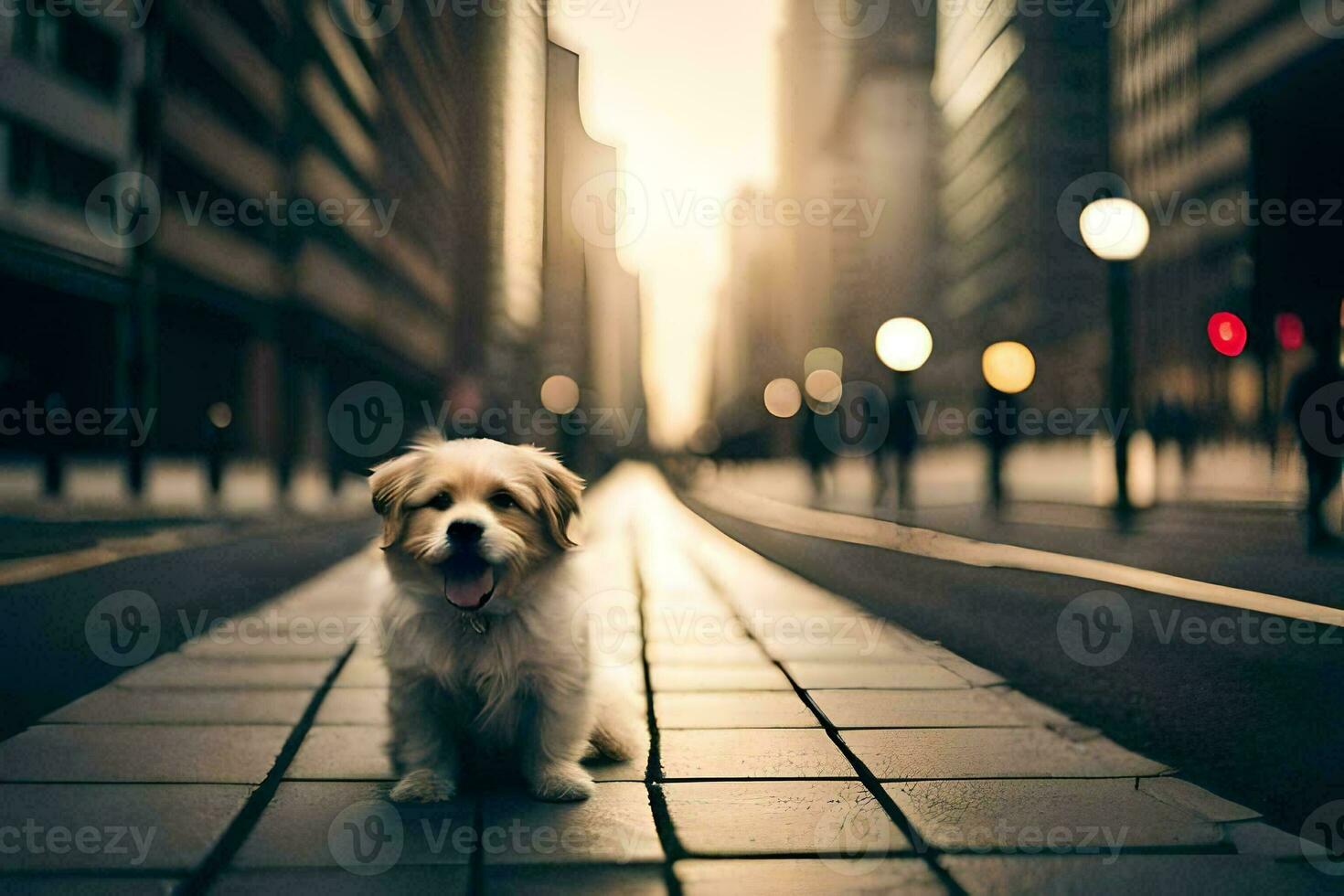 a dog sitting on the street in a city. AI-Generated photo