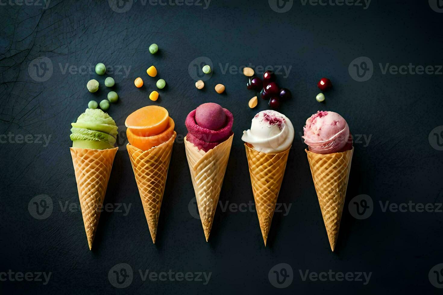 five ice cream cones with different flavors on a black background. AI-Generated photo