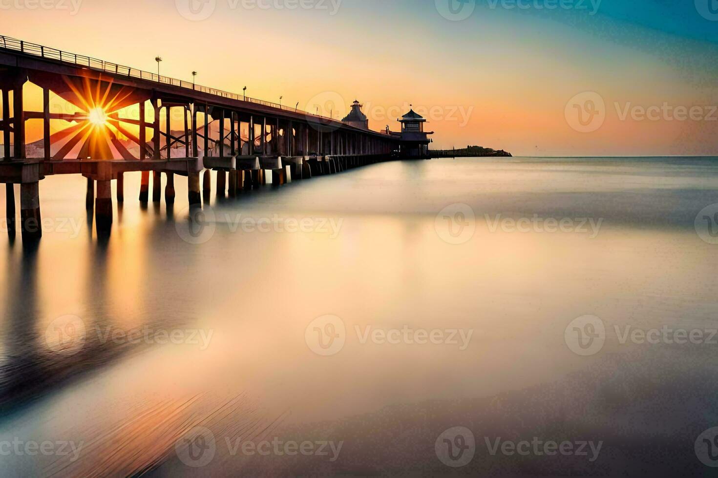 a long exposure photograph of a pier at sunset. AI-Generated photo