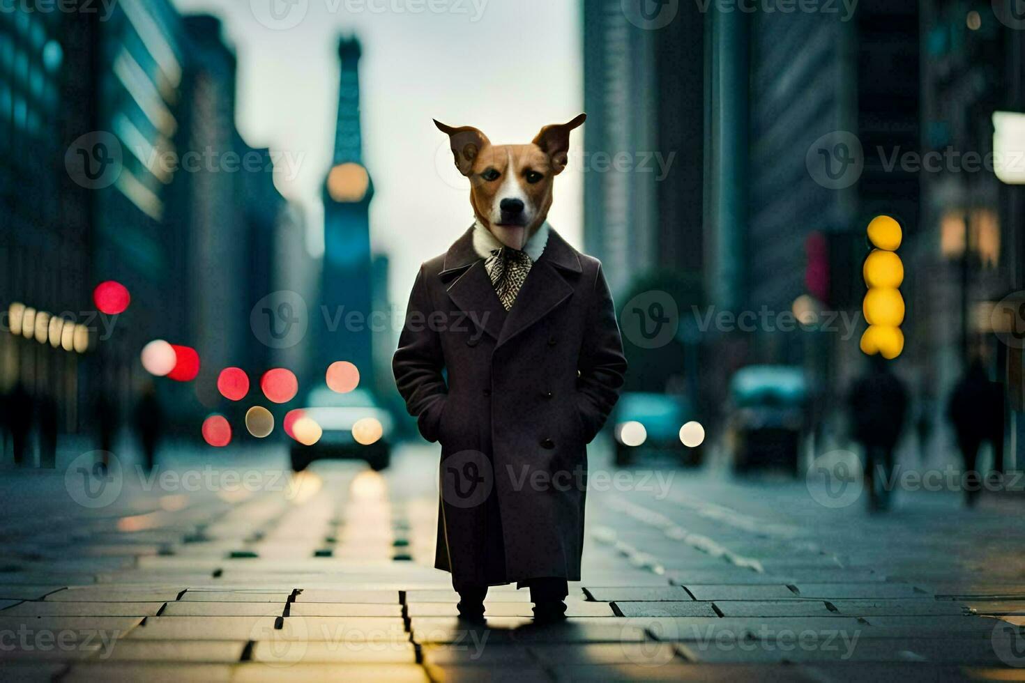 a dog dressed in a suit and tie standing on a city street. AI-Generated photo