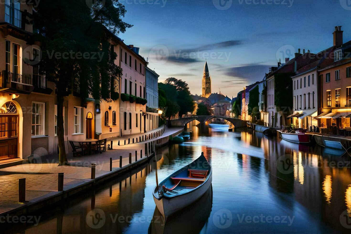 a canal in europe at dusk. AI-Generated photo