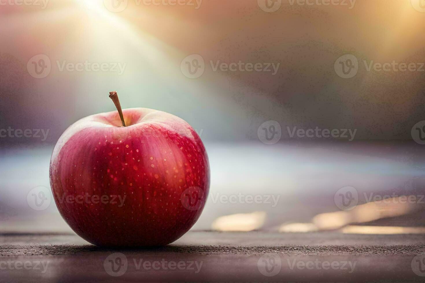 a red apple sitting on a wooden table. AI-Generated photo