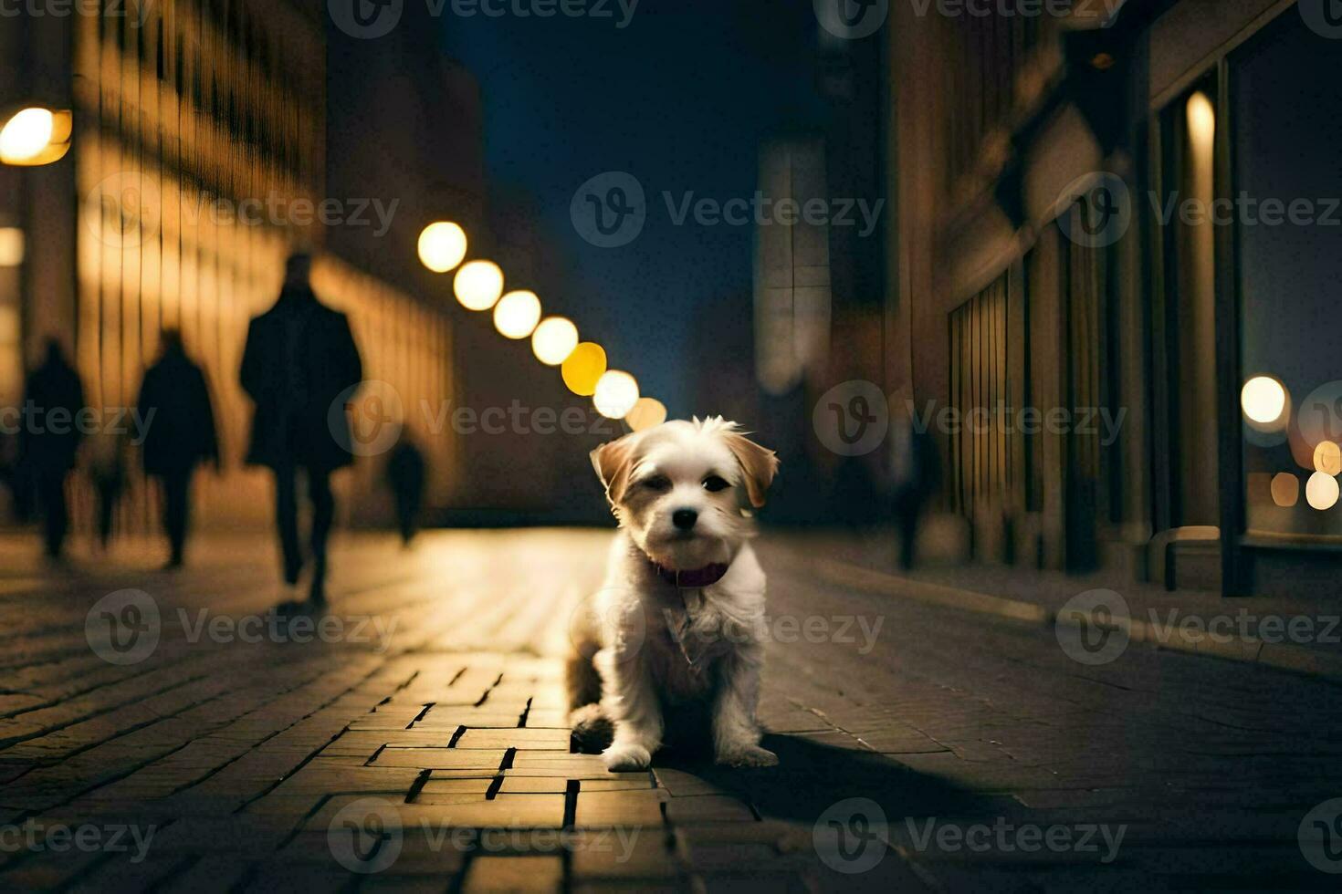 a small dog is sitting on the sidewalk at night. AI-Generated photo