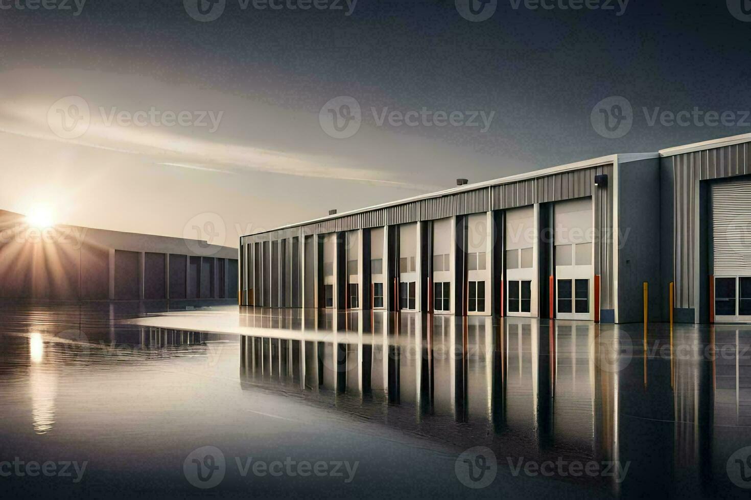 a large industrial building with a sun setting behind it. AI-Generated photo