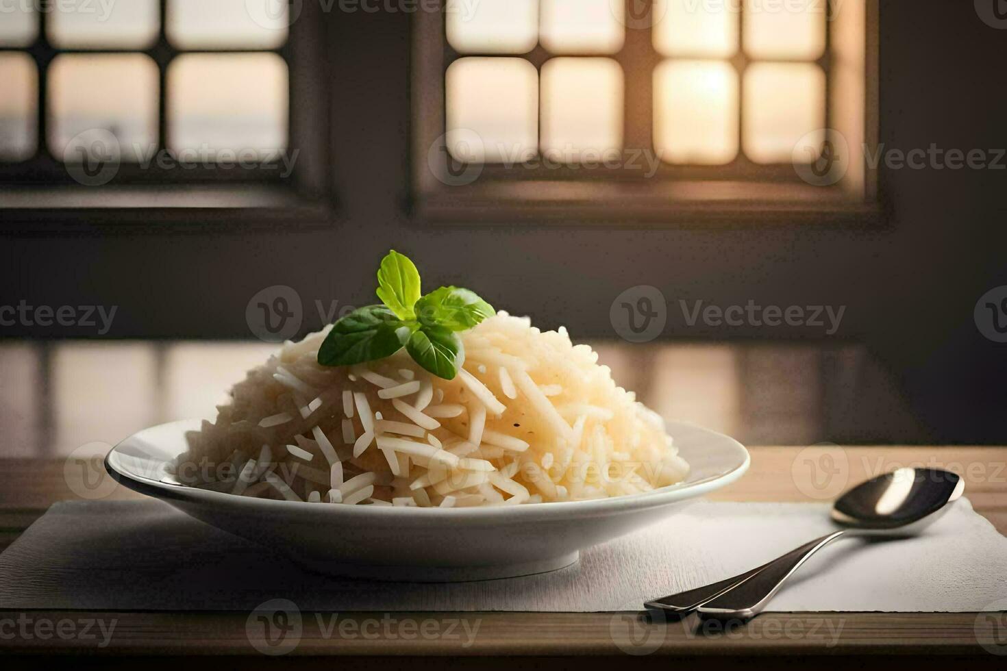 a plate of rice with a sprig of mint on top. AI-Generated photo
